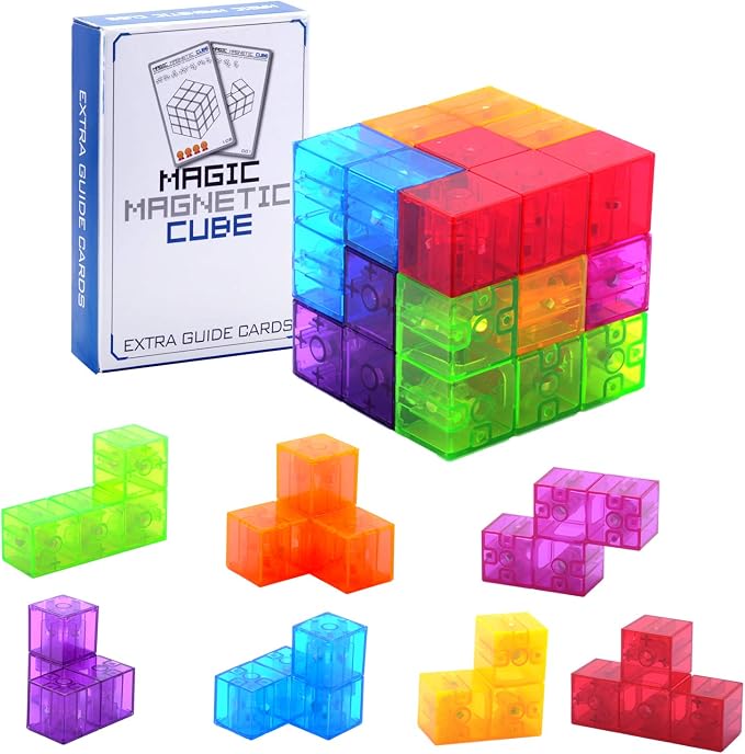 WorWoder Kids Magnetic Building Blocks Magic Magnetic 3D Puzzle Cubes, Set of 7 Multi Shapes Magnetic Blocks with 54 Guide Cards, Intelligence Developing and Stress Relief Fidget Toys for Kids (Blue)