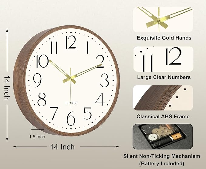 Vintage Wall Clock 14 Inch Quartz Silent Non-Ticking Analog Clock Battery