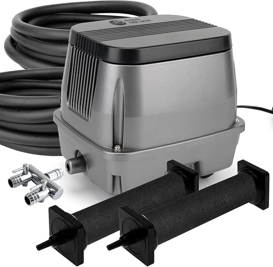 AquaMiracle All-in-1 Koi Pond Aeration Kit Pond Air Pump with Self-Sinking Airline Rubber Air Diffuser, Air Flow Control Pond Aerator for Outdoor Pond 5,000-10,000 Gallons