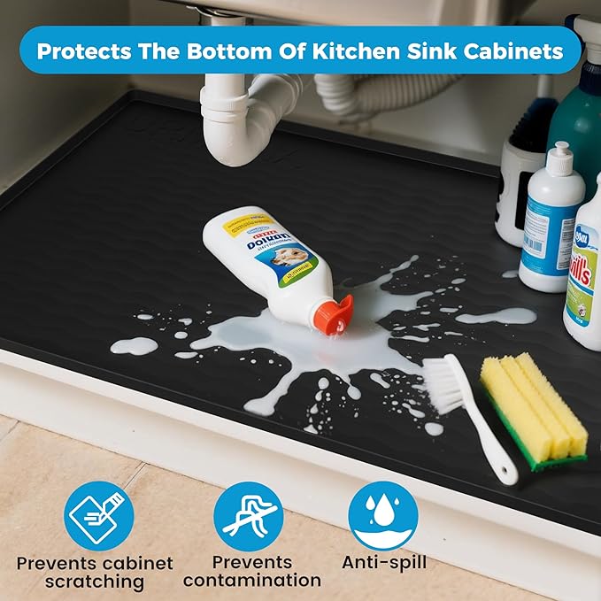 URMONA 16'' x 10'' Waterproof Silicone Under Sink Mat Cabinet and Counter Protector, Shelf Liner for Kitchen and Bathroom, Storage and Organizers, Litter Mat, Pet Cat Puppy Essentials(Khaki)