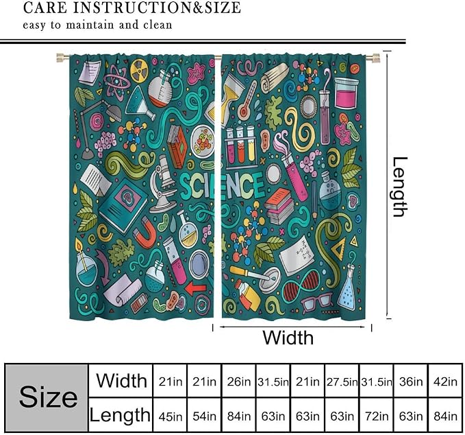 Science Symbols Kids Curtain Sketches Cartoon Chemistry Physics Geometry Education Pattern Print Window Drapes for Bedroom Living Room Kitchen Decor,2 Panel Set,42x45 Inch Blackout