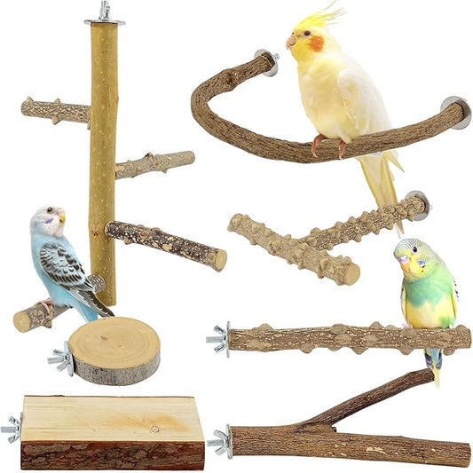 7PCS Natural Wood Bird Perches for Cage, Bird Parrot Parakeet Perch Stand, Bird Parakeet Cage Accessories, for Cockatiels Conure Budgies Small and Medium Parrots