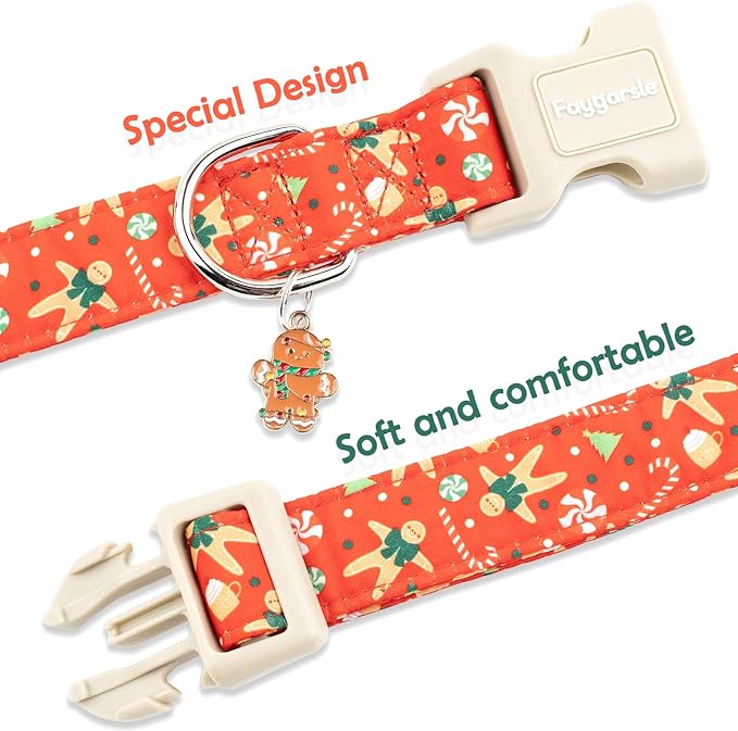 Faygarsle Christmas Dog Collar, Red Gingerbread Pattern, Plastic Buckle with Metal D-Ring, Holiday Pet Accessory, for Small Medium Large Dogs M