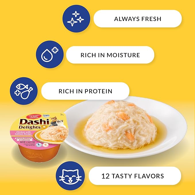 INABA Dashi Delights for Cats, 2.5 Ounce Cup, 6 Cups Total, Chicken with Tuna & Salmon Recipe