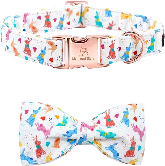 Lionheart glory Easter Dog Collar with Bow Tie Rabbit Print Dog Collar Girl or Boy Soft Durable Adjustable Puppy Gift Collar Bows Spring Collar Dog Bow