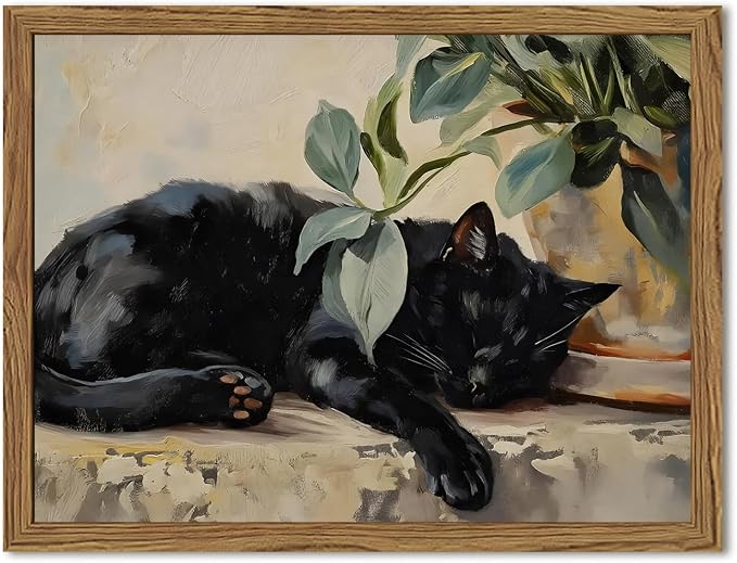 Framed Black Cat Canvas Wall Art, Vintage Sleeping Cat