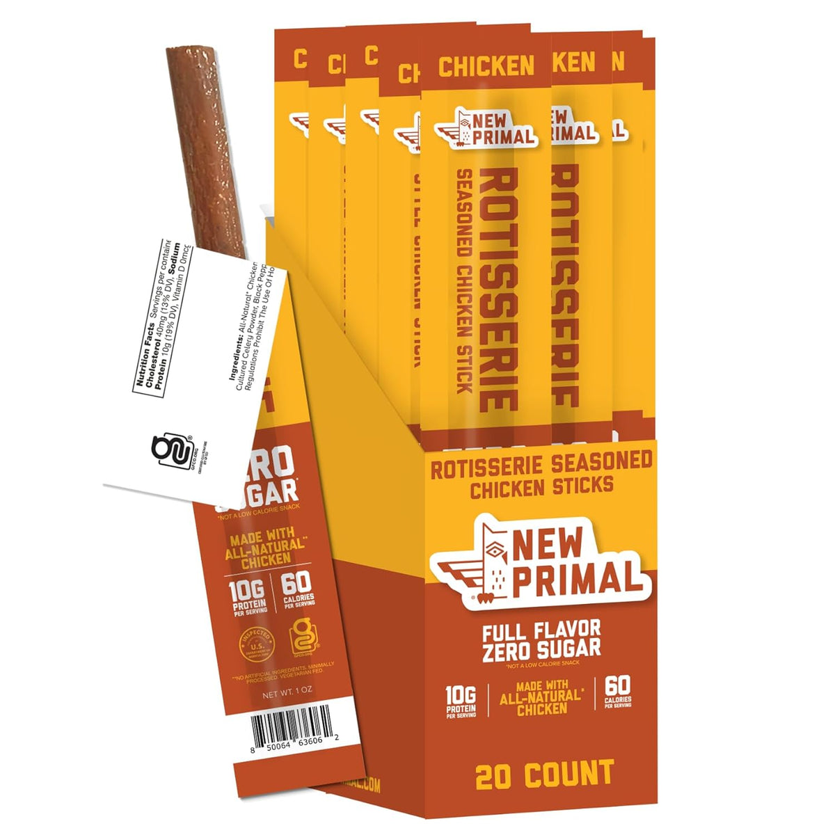 New Primal Rotisserie Chicken Sticks, Zero Sugar High Protein Snack, Gluten Free Whole30 Healthy Snacks, Keto and Paleo Friendly, Jerky Meat Stick, 10g Protein, 5 Count