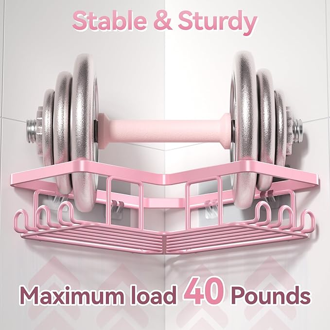 YASONIC Corner Adhesive Shower Caddy, with Soap Holder and 12 Hooks, Rustproof Stainless Steel Bathroom Organizer, No Drilling Wall Mounted Rack, Pink, 3-Pack