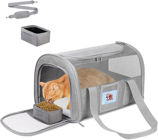 Cat Carrier Soft for Pets Up to 15 Lbs, Cat Travel Bag with Padded Shoulder Strap and Detachable Cat Food Bowl, Pet Dog Carriers for Small Dogs Travel Puppy Carry Airline Approved, Grey