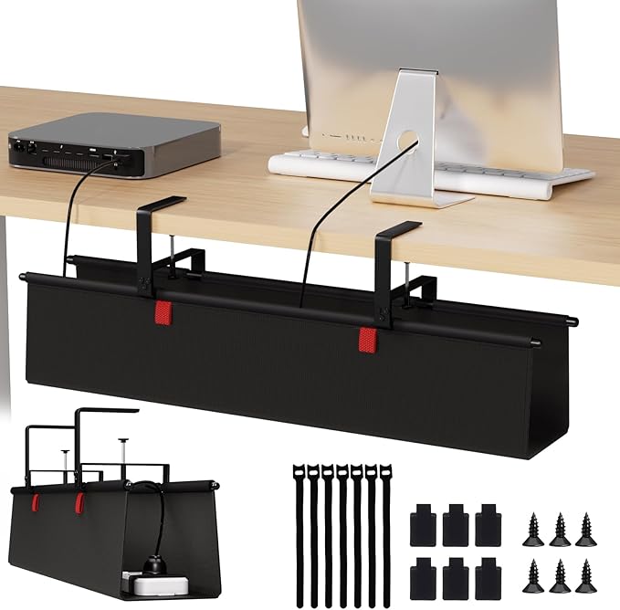 Under Desk Cable Management Tray - 28" Cord Organizer for Desk No Drill, Fabric Under Table Wire Organizer with 16X Cable Ties Hide for Office/Home, Cord Hider Fits Adapters & Sockets, Black