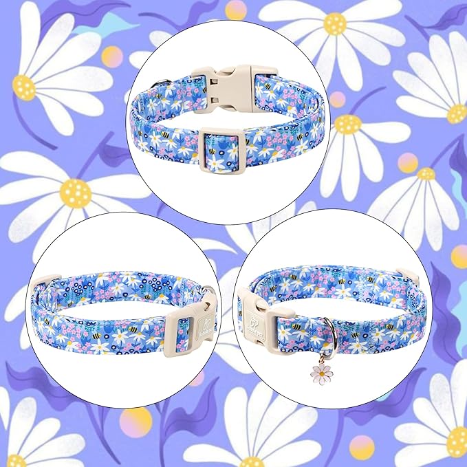Floral Dog Collar for Large Dogs - Cute Spring Dog Collars, Soft Lightweight Bee & Daisy Puppy Collar, Breathable Adjustable Male Female Blue Wildflowers Dogs Collars L