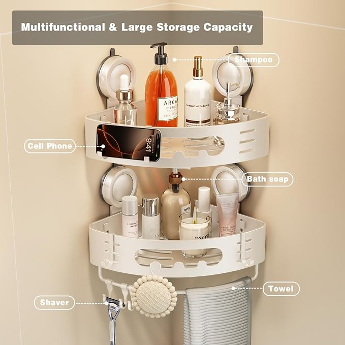 Voldra Corner Shower Caddy Suction Cup, Aluminum Corner Shower Shelves