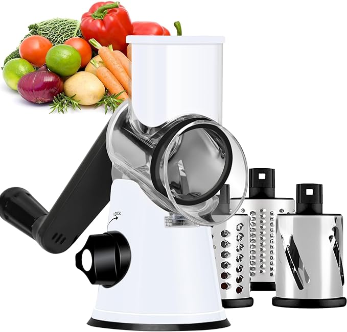 Ourokhome Rotary Cheese Grater Hand Crank, Kitchen Shredder Speed Mandolin Slicer Nuts Grinder with Handle and Drum Blades for Cheese, Vegetable, Walnuts, Chocolate, Potato, 3 Blades, White Black