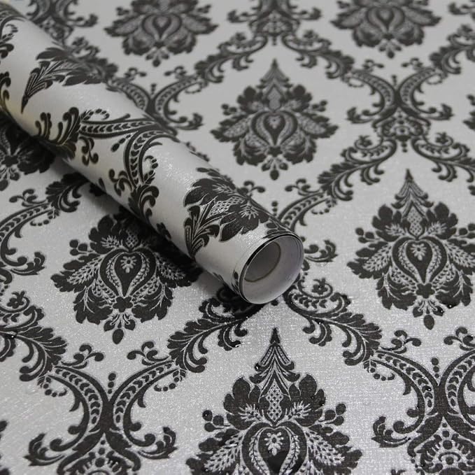 17.7" x 394" Black Peel and Stick Wallpaper Black Vintage Wall Paper