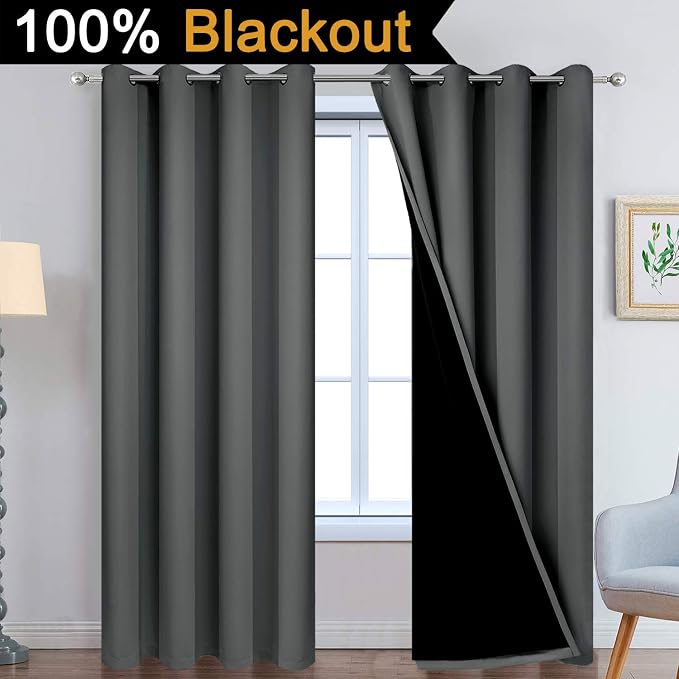 Yakamok 100% Dark Gray Blackout Window Curtain Panels Full Light Blocking Drapes