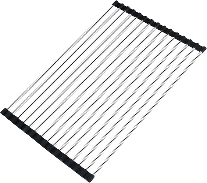 Seropy Roll Up Dish Drying Rack Over The Sink Drying Rack for Kitchen, Folding Dish Rack Over Sink Mat, Stainless Steel Dish Drainer Rack Kitchen Organizer Accessories Black 17"x11.8"