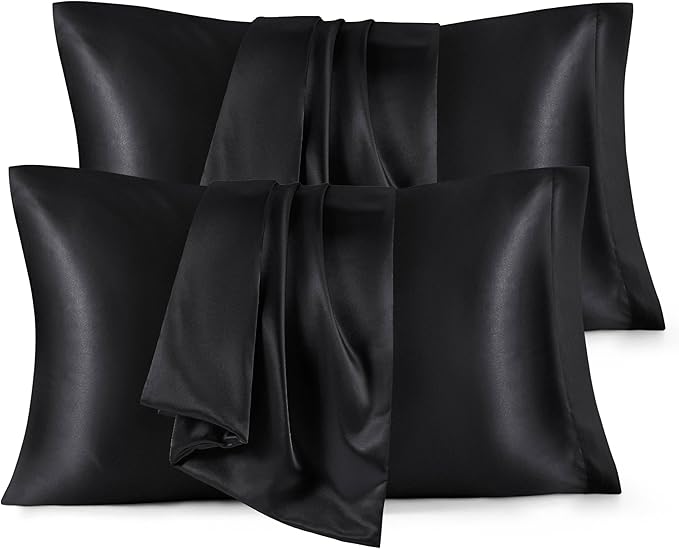 Bedsure Satin Pillowcase for Hair and Skin Queen - Black Silky Pillowcase 4 Pack 20x30 Inches with Envelope Closure, Similar to Silk Pillow Cases, Gifts for Women Men