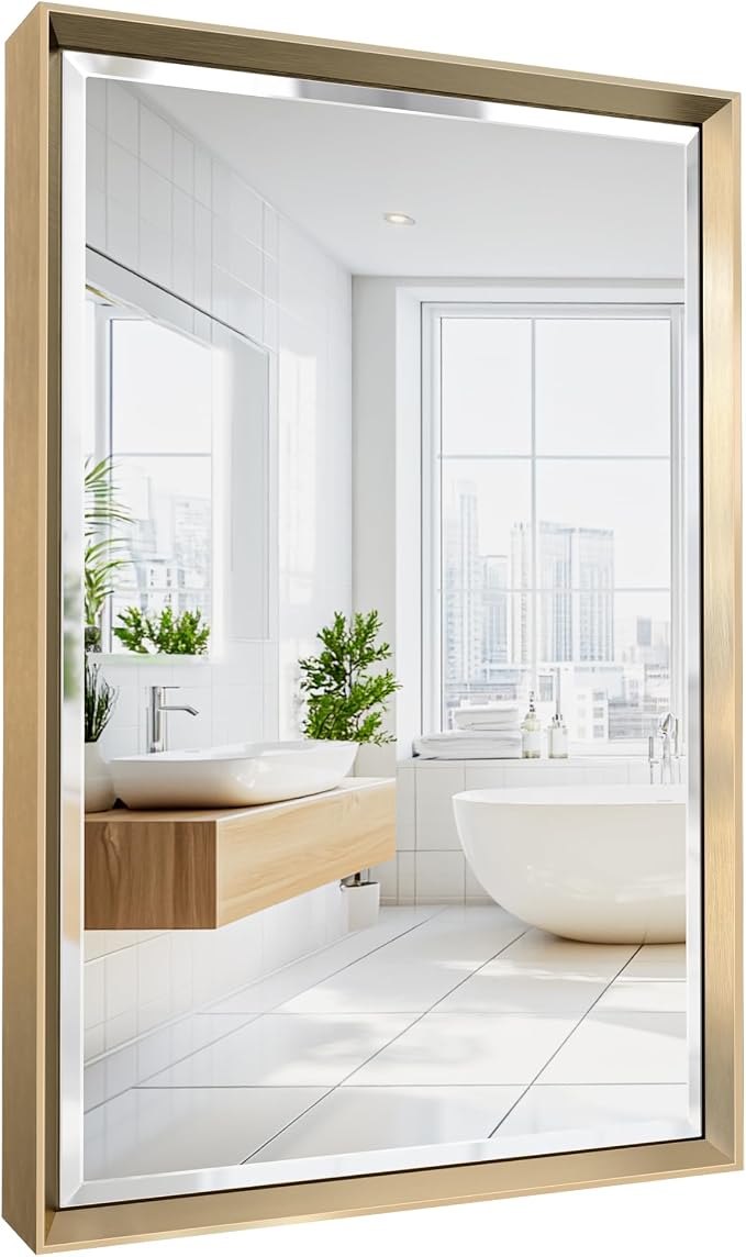 Brushed Gold Bathroom Mirror, Anti-Rust Gold Framed Rectangle Wall Mirror
