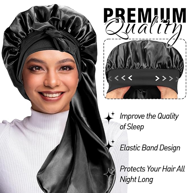 2Pcs Bonnets for Women Sleeping Braid Bonnet, Large Long Satin Silk Bonnet for Braids,Black Women Braid Bonnet with Stretchy Tie Band for Sleeping Extra Long (Black & Golden Pattern)