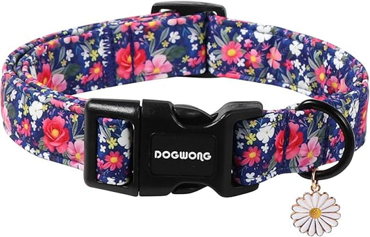 DOGWONG Blue Flower Dog Collar, Cute Adjustable Floral Collar, Girl Female Dog Collar with Strong Plastic Buckle for Small Medium Large Dogs,M