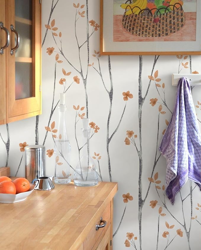 Timeet Peel and Stick Wallpaper White and Orange Floral Wallpaper Boho Leaf