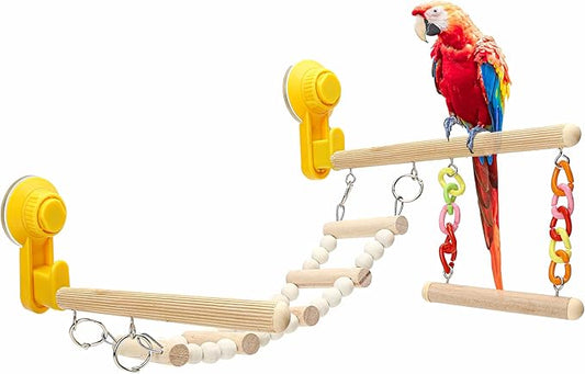 Wood Window Bird Perch Toy with Suction Cup, Climbing Ramp Ladder Platform, Enrichment Accessories Stuff for Parrot, Parakeet, Budgie, Cockatiel, Finches to Playstand Bath Car, Love Travel Inside Cage