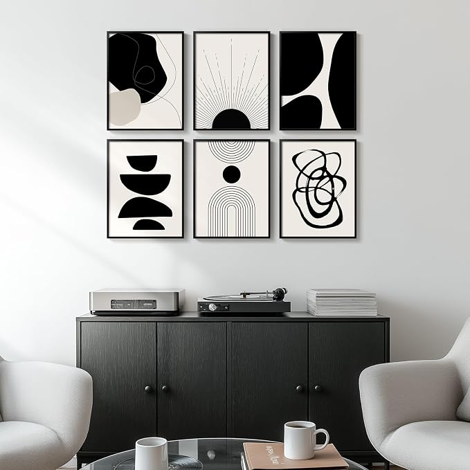 Framed Boho Black and White Abstract Wall Art, Minimalist Geometric Pictures