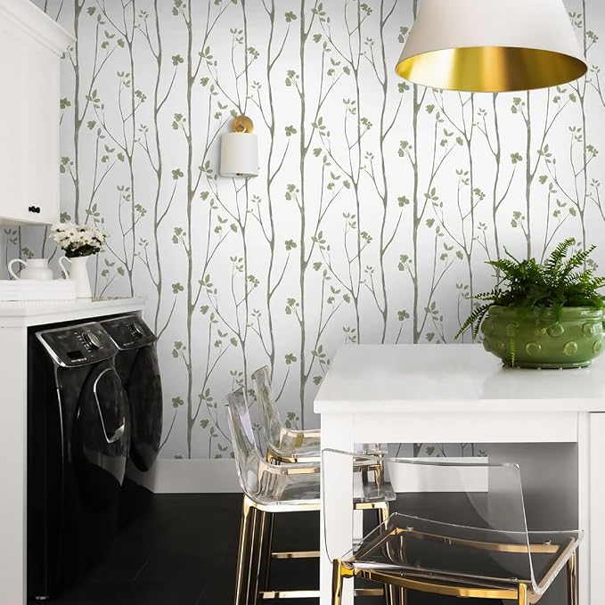 Timeet Green White Leaf Floral Boho Wallpaper 16" x 393.7" Self-Adhesive