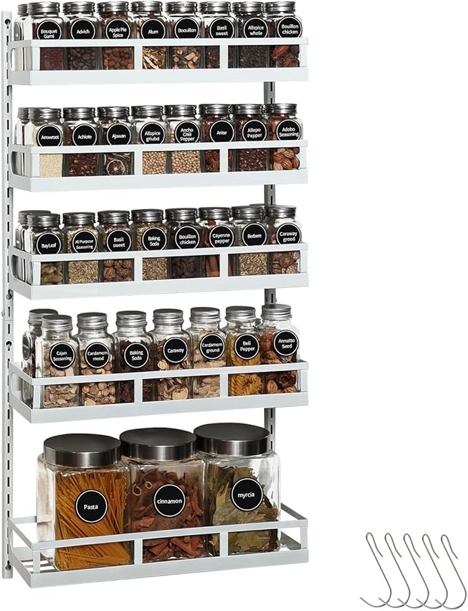X-cosrack Wall Mount Spice Rack Organizer 5 Tier Height-Adjustable Hanging Spice Shelf Storage for Kitchen Pantry Cabinet Door, Dual-Use Seasoning Holder Rack with Hooks, White