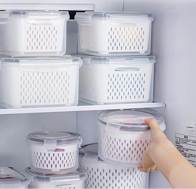3Pack Fridge Food Storage Container Set with Lids with Strainer, Fruit Vegetable Storage Containers Keep Fruits, Vegetables, Berry, Meat Fresh longer, BPA-Free Plastic Produce Keepers