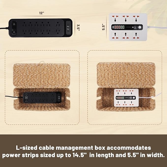 BROWNLILY Cable Management Box, Rattan Style Cord Organizer for Desk Cord Hider Outlet Covers Baby Proofing for Power Strip TV PC Router Charger Under Desk Storage with Lockable Lid and Cable Ties