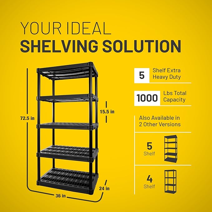 Plano 5-Shelf Extra Heavy Duty Plastic Storage Shelves, 72.5” x 36” x 24”, 1000lb Capacity, Pantry, Office, Closet and Garage Shelves, Easy to Assemble, Durable Plastic Shelving Unit