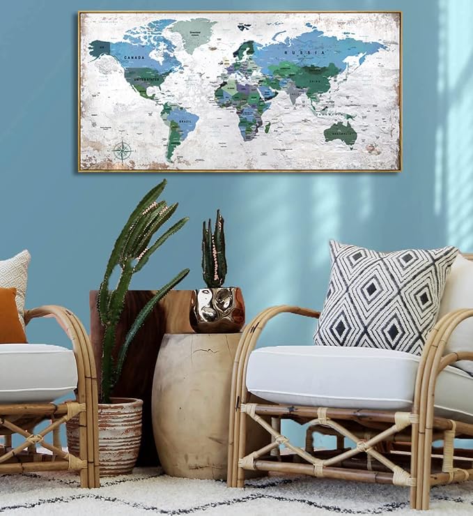 Framed Wall Art World Map Wall Art Canvas Picture 20inchx40inch Large Blue Map