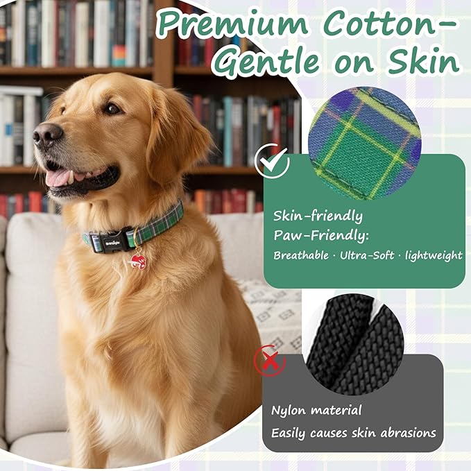 Dog Collar with Dark Green Striped Checkered for Spring Summer, Adjustable Cotton Puppy Collar for Small Medium Large Girl Boy Dogs-S