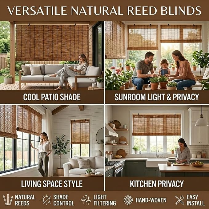 Bamboo Blinds for Patio, Outdoor Bamboo Roll up Shades, Waterproof Cordless