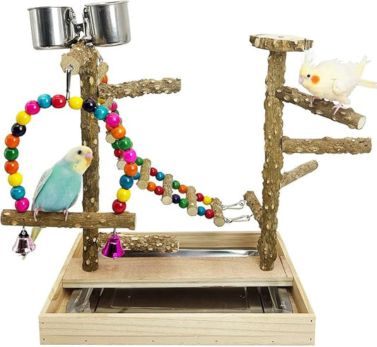 PINVNBY Bird Playground Natural Wood Bird Play Stand with Climb Ladder Swing Tray and Stainless Steel Cups Cage Accessories for Conure Cockatiel Parakeet Lovebird