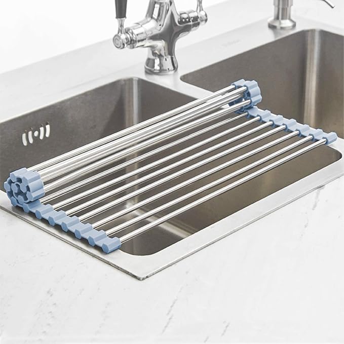 MECHEER Over The Sink Dish Drying Rack, Roll Up Dish Drying Rack Kitchen Dish Rack Stainless Steel Sink Drying Rack, Foldable Dish Drainer, 17.5''x11.8''