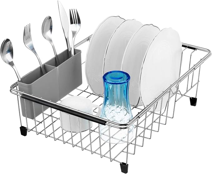 iPEGTOP Expandable Multifunctional Dish Drying Rack, Over The Sink, in Sink Or On Counter Dish Drainer Basket Organizer Shelf with Removable Grey Utensil Silverware Holder, Rustproof Stainless Steel