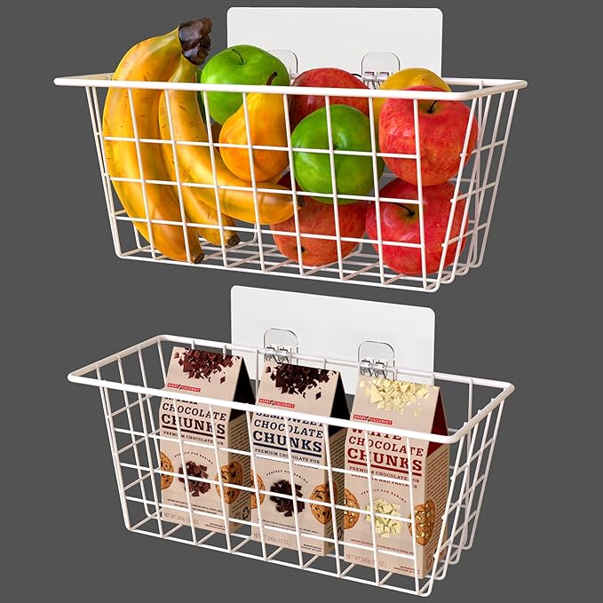 MaraFansie Wall Wire Baskets Bin No Drilling Adhesive Hanging Baskets Wall Mounted for Cabinet & Pantry Organization and Kitchen, Bathroom, Bedroom Storage, 2 Pack, White