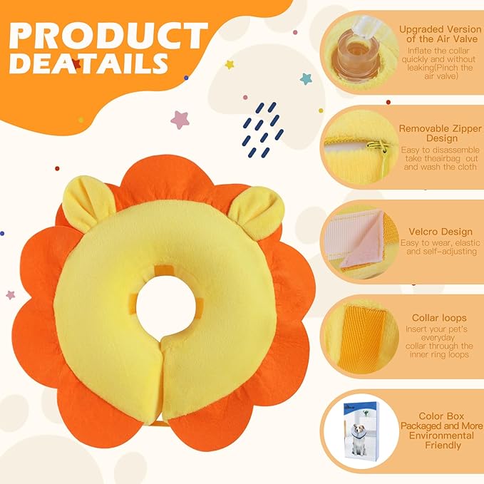IEUUMLER Inflatable Recovery Dog Collar, Protective Donut Cone, Adjustable Soft Collar for Dog and Cat After Surgery Prevent from Biting & Scratching EU002 - Orange Lion XL