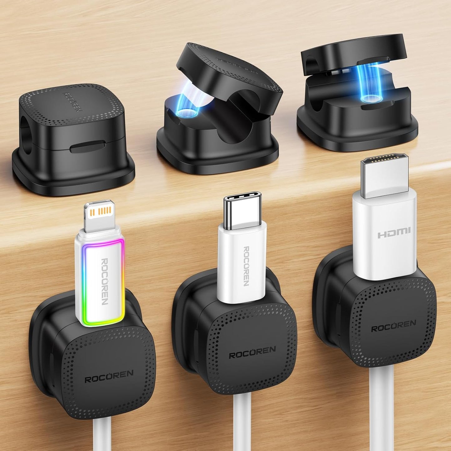 6 Pack Cable Management Cord Organizer,Magnetic Cable Clips-1s Lock,Rocoren Desk Adhesive Cord Cable Clip Wire Holder Keeper for Phone Charger Wire,Nightstand,Car,Office,Desktop Accessory,Black