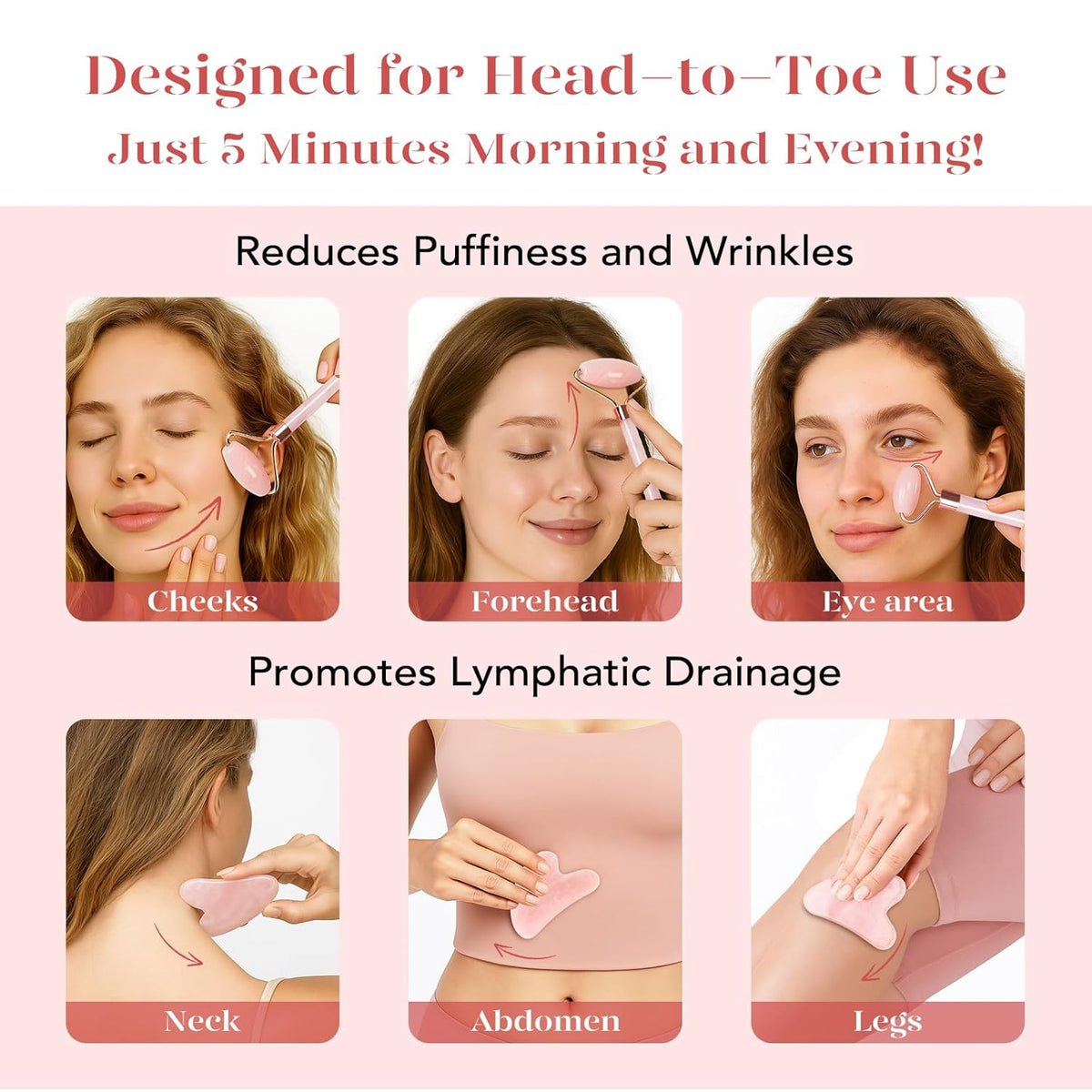 BAIMEI IcyMe Jade Roller & Gua Sha, Face Roller Redness Reducing Skin Care Tools, Self Care Pink Gift for Men Women, Massager for Face, Eyes, Neck, Relieve Fine Lines and Wrinkles - Rose Quartz