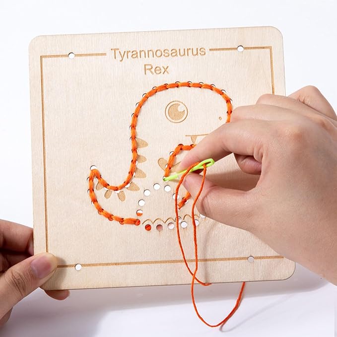 Wooden Lacing Sewing Cards Kit, Fine Motor Montessori Handcraft Educational Toy for Kids,Vehicles