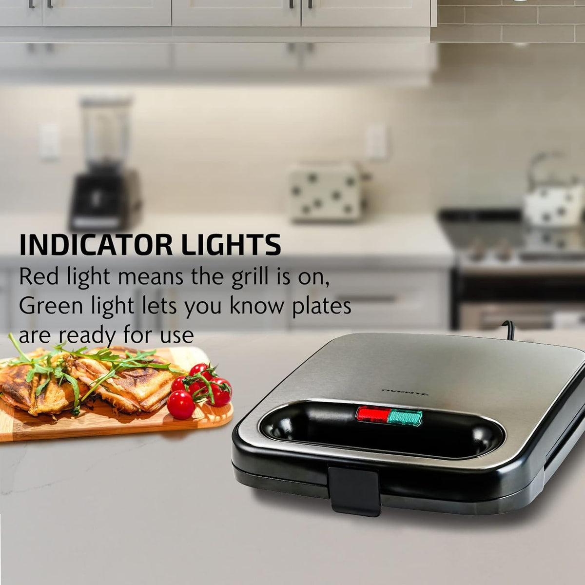 OVENTE Electric Sandwich Maker with Non-Stick Plates, Indicator Lights, Cool Touch Handle, Easy to Clean and Store, Perfect for Cooking Breakfast, Grilled Cheese, Tuna Melts and Snacks, Black GPS401B