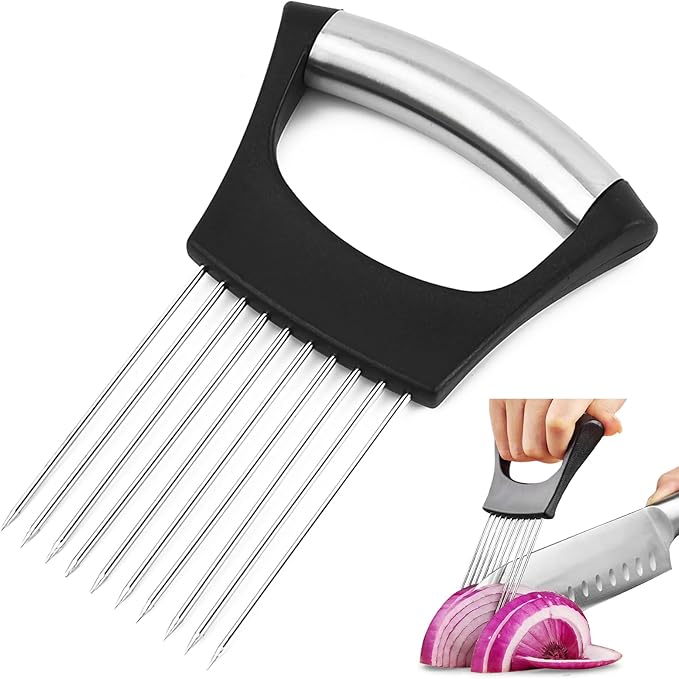 Onion Holder for Slicing - Stainless Steel Onion Slicer & Vegetable Holder Cutting Tool for Onions, Tomatoes, Avocados, Eggs, Lemon, Potatos | Multi-Use Kitchen Utensil