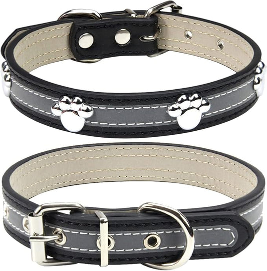 PETCARE Reflective Dog Collar with Cute Paw Rivet Studded Funny Soft PU Leather Adjustable Puppy Dog Collars for Small Medium Large Dogs Cats (Black,Medium)