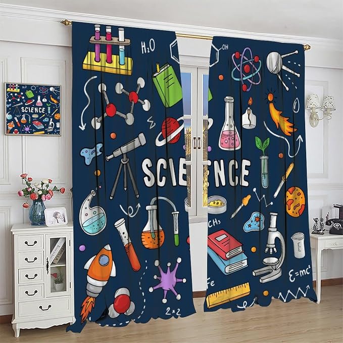 Science Physics Window Curtains, Abstract Math Chemistry Curtain Scientist Graffiti Print Window Treatments for Kids Teens Bedroom Living Room Kitchen Set 2 Panels,42x45 Inches, Style-4