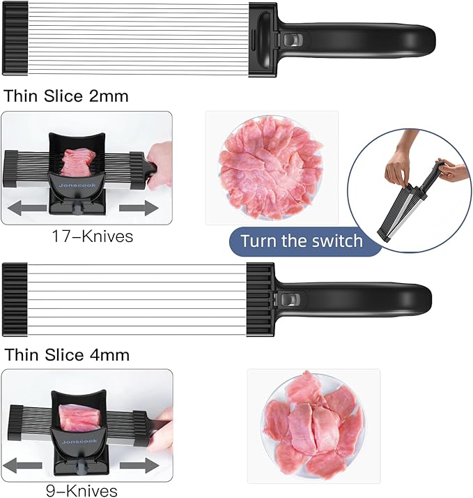 Fresh Meat Slicer, Manual Fresh Meat Cutter, Meal Prep, Adjustable Thickness 2mm or 4mm, 17 Blades get 18 Meat Slices, Meat Cleavers can be Sliced, Striped, Diced -Black