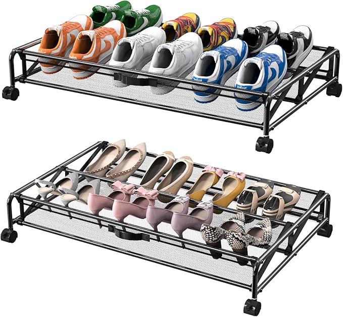 Under Bed Shoes Storage, 2 Pack Rolling Under-bed Storage Containers with Wheels, Under Bed Shoe Organizer Breathable Mesh Fabric with Metal Frame