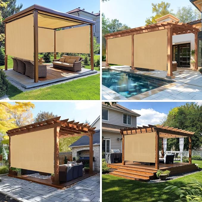8'W x 8'H Sesame Patio Shades Roll up Outdoor Roller Shade Crank Wand Blind
